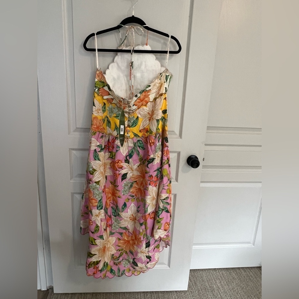 Farm Rio Guaragarden Euroflax Linen Midi Dress Yellow Pink XL NWT - Picture 4 of 13